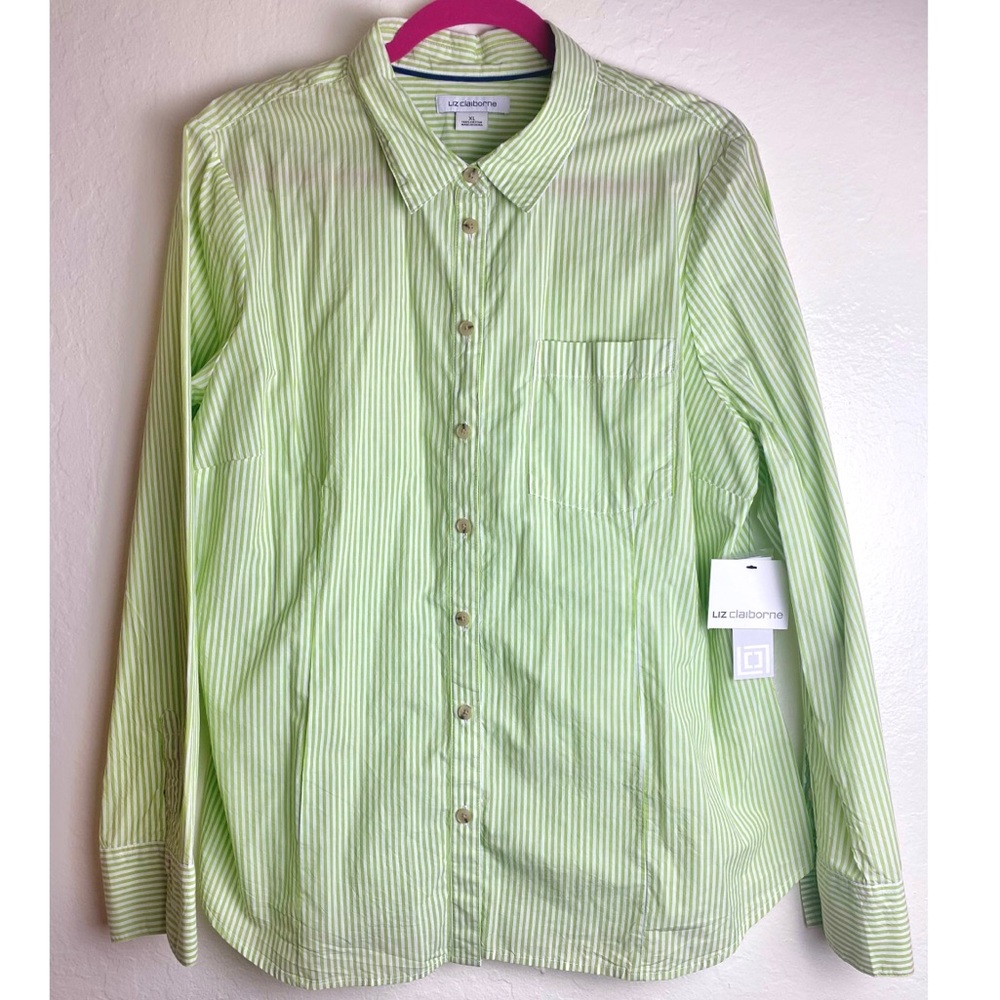NWT Liz Claiborne Green and White Striped Button Down Blouse